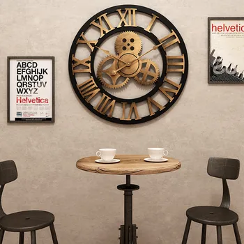 40 см с Големи Старинни Стенни Часовници, Дървени Вътрешни Стенни Часовници Industriel Clock Wall Art Декоративни За Хола, Офис Бар 3D Gear Clock Изображение 2