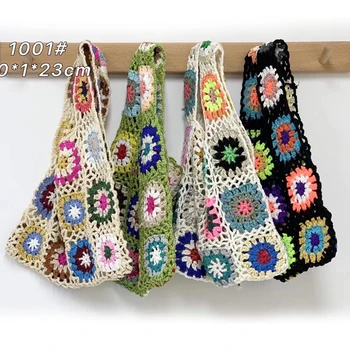 Crochet чанти в клетката, артистична жена чанта контрастни цветове, етническа принадлежност чанта ръчно плетени, ръчно выдалбливаемая чанта за плетене на една кука Изображение 2