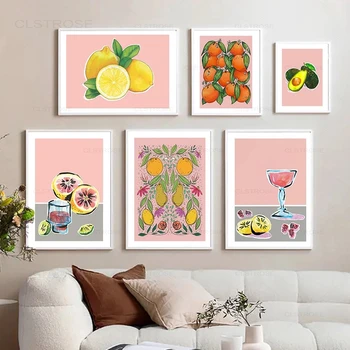 Акварелни цветни плакати с плодове, Лимон, манго, цитрусови плодове, платно, живопис, скандинавските картини за кухня, декориране на дома. Изображение 2