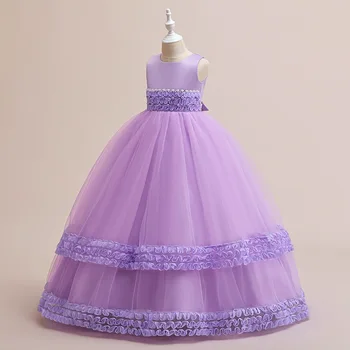 Бална рокля Виолетов цвят за момичета 2024 Бална рокля без ръкави за сватбата на принцеса Рокля за първо причастие с перли Елегантни рокли Изображение 2