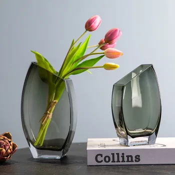 Геометрична прозрачна стъклена ваза, творчески художествени вази с наклонен уста и квадратна уста, луксозен минималистичен декор на цветя в скандинавски стил Изображение 2