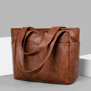 Дамски чанти-тоут от изкуствена кожа с голям капацитет, просто однотонная чанта 2023, новата модерна дамска чанта през рамо за пътуване Изображение 2