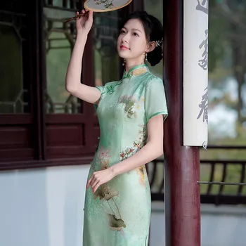 Дамско Дълго Ципао с флорални принтом, Класически Китайски традиционни вечерна рокля, Секси Тънката рокля с висока цепка, Рокли Vestidos Изображение 2