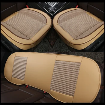 Калъф за столче за кола Универсална изкуствена кожа и лен, възглавници за седалки Отпред и отзад, Четырехсезонный мат, подходящ за повечето автомобилни седалки Изображение 2
