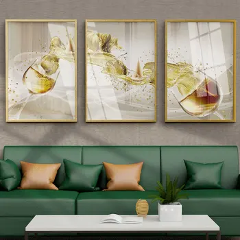 Комплект от 3 теми, абстрактен съвременен луксозен чаша за вино в скандинавски стил, платно, стенно изкуство, плакати със златно платно, щампи за хол