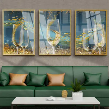 Комплект от 3 теми, абстрактен съвременен луксозен чаша за вино в скандинавски стил, платно, стенно изкуство, плакати със златно платно, щампи за хол Изображение 2