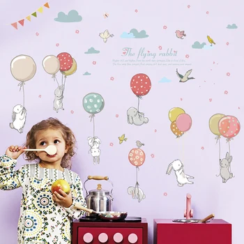 Нова комбинирана стикер с изображение на заек с балон за спални, свалящ декоративна стикер за стена