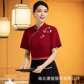 Работно облекло за хотели, лятна дамски униформи за китайския кейтеринга, Национален костюм Plum Blossom Tang, сервитьор чайната, Къс ръкав A Изображение 2