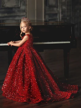 Рокля с цветя модел за момичета, червена панделка от пайети, без ръкав, с кръгло деколте, сватбена рокля за рождени Евхаристического бала с малък цветочком, празнична рокля за парти