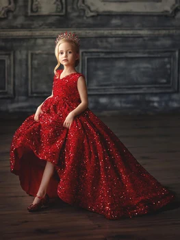 Рокля с цветя модел за момичета, червена панделка от пайети, без ръкав, с кръгло деколте, сватбена рокля за рождени Евхаристического бала с малък цветочком, празнична рокля за парти Изображение 2
