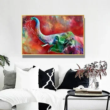 Съвременната популярна картина с животни, цветен Слон, брызгающий вода, платно за домашен интериор, монтиран на стената художествен плакат