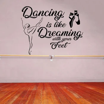 Танци - това е като сбъдната Мечта, Мотивационни Цитат, Балерина и Обувки, Vinyl Стикер На Стената, Танцьор, Декор Денс Стая, Етикети, Стенописи S565 Изображение 2