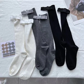 1 чифт дълги памучни чорапи в проста вертикални райета с лък, сладки чорапи в стил Лолита Ins, Дамски модни Кавайные секси чорапи