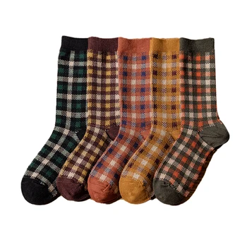 1 чифт женски чорапи, пролет-есен, памучни чорапи в стил ретро, дамски, мъжки чорапи в клетката, зелено-оранжеви цветни чорапи