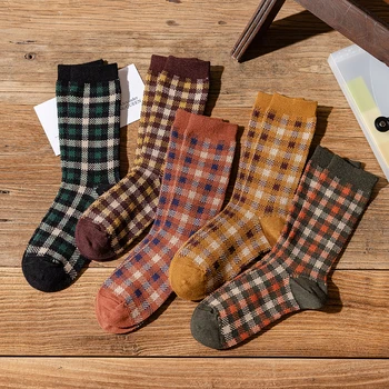 1 чифт женски чорапи, пролет-есен, памучни чорапи в стил ретро, дамски, мъжки чорапи в клетката, зелено-оранжеви цветни чорапи Изображение 2