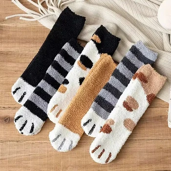 1 чифт чудесни чорапи с кошачьими нокти за жени, есен-зима, коралови кадифени чорапи за момичета, дебели чорапи за сън, домашни чорапи за секс