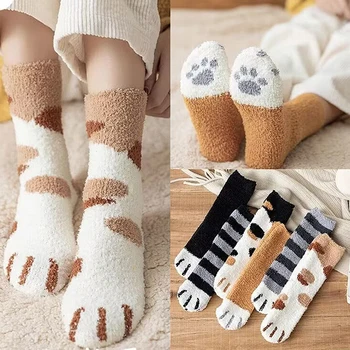 1 чифт чудесни чорапи с кошачьими нокти за жени, есен-зима, коралови кадифени чорапи за момичета, дебели чорапи за сън, домашни чорапи за секс Изображение 2