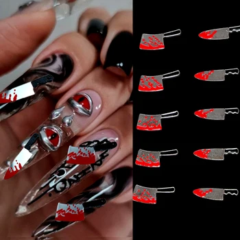 10шт Хелоуин Окървавен нож 3D Амулети за нокти Пънк Метъл Акрил Фалшив Окървавен нож Нийл-арт САМ Хелоуин Нож за Декорации за маникюр