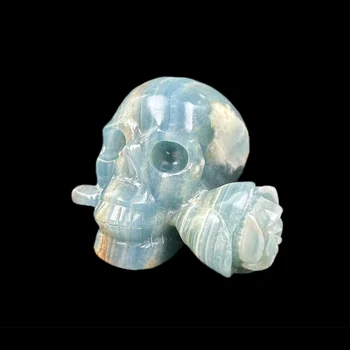1БР Натурален Скъпоценен Камък Ръчно изработени Кристален череп син оникс Черепа с цветна Скулптура Изцеление за Декорация на Дома и фън шуй