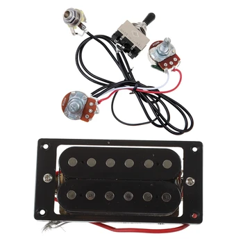 2 елемента черни звукоснимателей за електрическа китара с двойна намотка Humbucker + винт на рамката и 1 комплект предварително свързани колани кабели за китара с две звукоснимателями