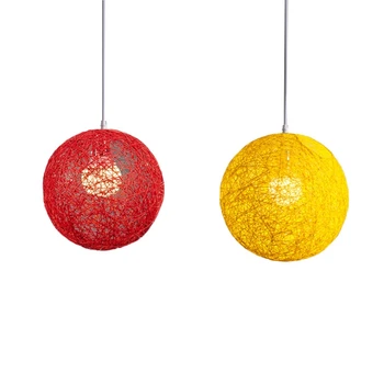 2 предмета, полилей от ратан и коноп, индивидуалното творчество, Сферично гнездо от ратан, лампа, червен и жълт