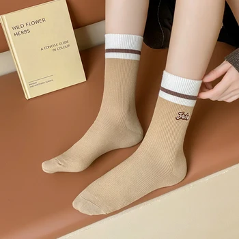 2 чифта /лот, дамски чорапи памук с бродерия в корейски стил INS, обикновена чорапи с хубав дрямка за пролет-есен, дишащи чорапи Изображение 2