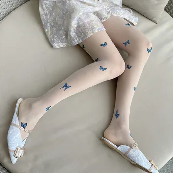 2022 Нови сини чорапогащи с принтом пеперуди, Пролетно-летни Дамски чорапогащи, Нежни, Тънки чорапи от млечно-бял коприна в стил харадзюку
