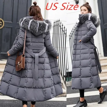 2022 Ново зимно палто с лък, яка от лисьего кожа, Удебеляване до коленете, топло дамско модно палто, дълга пола, на женски гъста козина