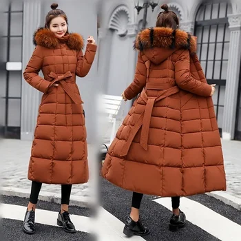 2022 Ново зимно палто с лък, яка от лисьего кожа, Удебеляване до коленете, топло дамско модно палто, дълга пола, на женски гъста козина Изображение 2