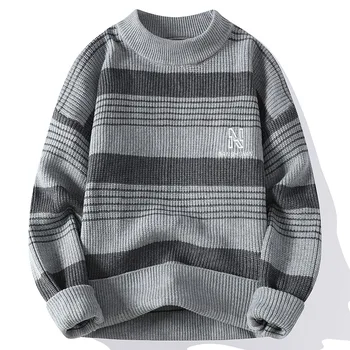 2023 Корейски Есенно-Зимния Нов Мъжки Пуловер В Модерна Райета, Свободно Удобен Пуловер, Висококачествени Меки Ежедневни Мъжки Пуловери Crochet Изображение 2