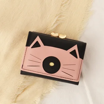 2023 Нова корейска версия на Модна просто трехстворчатого женски кратък портфейл с щипка за студенти, мултифункционален портфейл с сладък котка Изображение 2