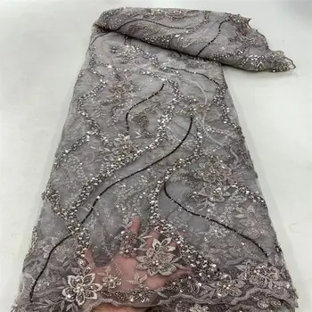 2023 розов Висококачествена Африканска лейси плат с 3D пайети Френска Окото бродерия Тюл Лейси плат за Нигерийски на сватбена рокля Изображение 2