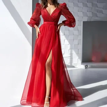 2024 Ново Шифоновое Червена рокля с дълъг ръкав, дълбока цепка отпред и на колана си, расшитое мъниста, рокли за майката на булката