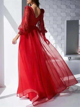 2024 Ново Шифоновое Червена рокля с дълъг ръкав, дълбока цепка отпред и на колана си, расшитое мъниста, рокли за майката на булката Изображение 2