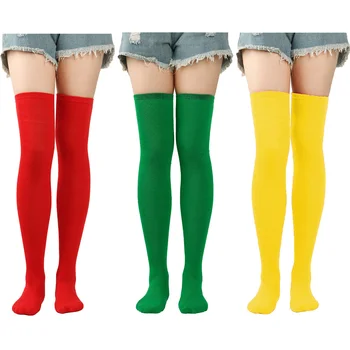 3 двойки едноцветни шарени гольфов над коляното и еластични чорапи до бедрото, за Коледа, Хелоуин Изображение 2