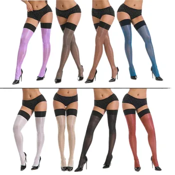 30D Женски сексуални блестящи лоснящиеся чорапи до бедрото, маслени чорапи над коляното, чорапогащи добро качество, прозрачно бельо, флуоресцентни цветове Изображение 2