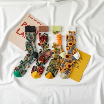 4 Чифта Чорапи с кръгло бомбе и цветисти принтом Тънки Летни чорапи със средна дължина, от стъклени влакна Дишащи дамски чорапи Изображение 2