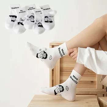 5 чифта прекрасни женски бели чорапи, хлопчатобумажный cartoony чорап до глезен с надпис Смешни Boat Сокс, женски дишаща, пролет, есен, зима