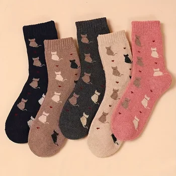 5 чифта чорапи с шарени мультяшного котка, уютни и топли памучни чорапи, дамски чорапи и гети