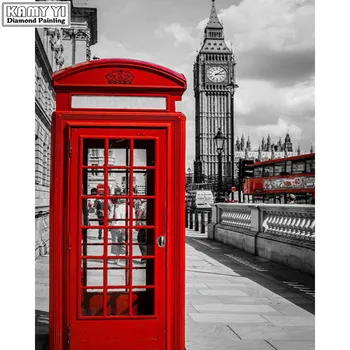 5D САМ Диамантена Живопис Пейзаж на Лондон Червена Телефонна Будка, Червен Автобус Мозайка кръст Бод Пейзажи Биг Бен