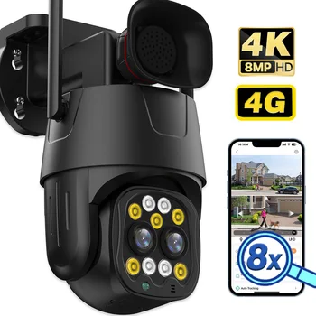 8-кратно увеличение Wifi Камера Външна 4G Сим-карта IP камера 4K 8-мегапикселова PTZ камера за сигурност с двоен обектив 4-Мегапиксельное видео наблюдение с автоматично проследяване