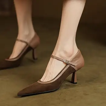 ALLBITEFO/ дамски обувки на ток от естествена кожа, цветна мозайка, остър чорап, модерен, секси, за клубни партита, важни случаи, обувки на висок ток Изображение 2