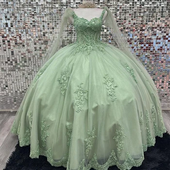 ANGELSBRIDEP Зелени апликация от мъниста, Бална рокля, Буйни рокли за 15-годишно момиче, Вечерна рокля на принцеса за рождения ден С дълъг нос