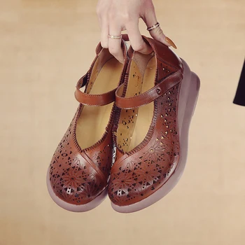 Birkuir/ Оригинални дамски обувки на танкетке с изрезки на дебелите обувки, елегантни дамски обувки-куки от естествена кожа в ретро стил