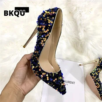 BKQU, сини пайети, пикантни женски обувки на изключително висок ток с остър пръсти, шикозни обувки-лодка на висок ток, дамски официални обувки за сватба Изображение 2