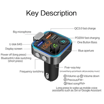 Bluetooth 5.0 FM-предавател комплект за Кола MP3-модулатор Плейър, Безжичен Високоговорител Аудиоприемник Двойно USB бързо зарядно устройство за Автомобилни аксесоари Изображение 2