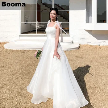 Booma Прости Бели булчински рокли от коприна, органза трапецовидна форма с бретельками, Корейски дамски дълги рокли за булката, вечерна рокля за абитуриентски бал за булка в градината