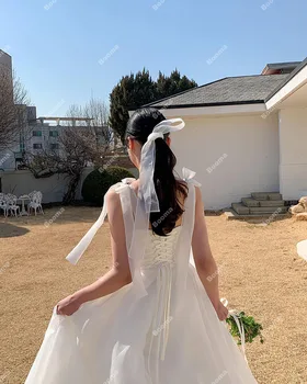 Booma Прости Бели булчински рокли от коприна, органза трапецовидна форма с бретельками, Корейски дамски дълги рокли за булката, вечерна рокля за абитуриентски бал за булка в градината Изображение 2