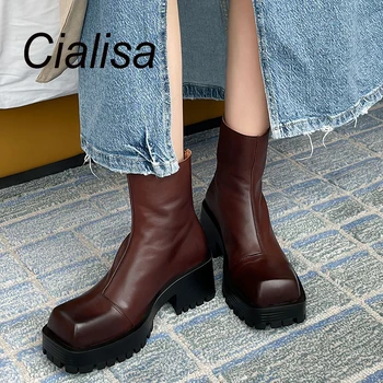 Cialisa/ Есен-зима полусапожки платформа; дамски реколта обувки от естествена кожа, ръчна изработка; високо качество на ботильоны на дебелите ток 40 см;