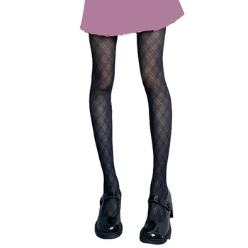 E15E Дамски секси черна копринена чорапогащи в винтажную клетка от Аргайла с диаманти